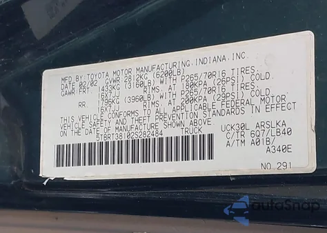 2002 Toyota Tundra Ltd V8 z USA, uszkodzony, nr VIN 5TBRT38102S282484